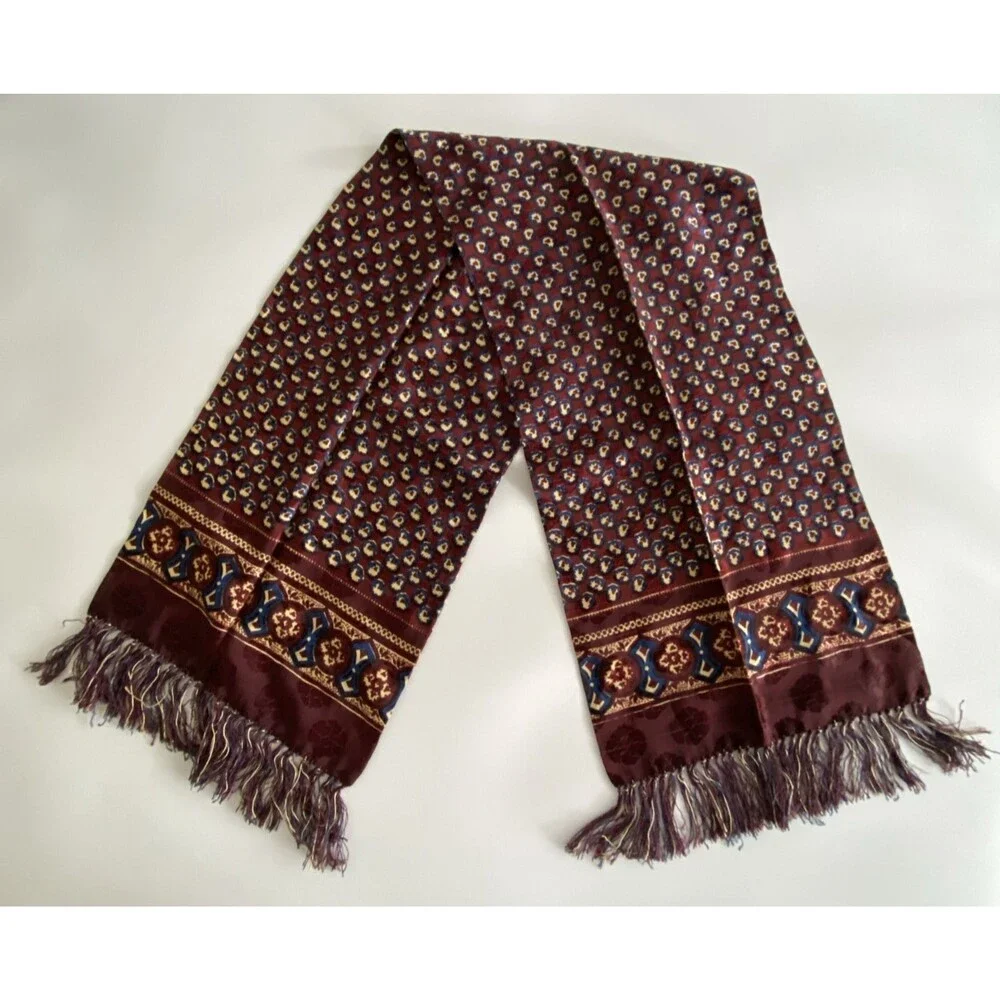 Men's Burgundy Fashion Scarf Fringe Blue Cream Geometric Pattern Dress Scarf